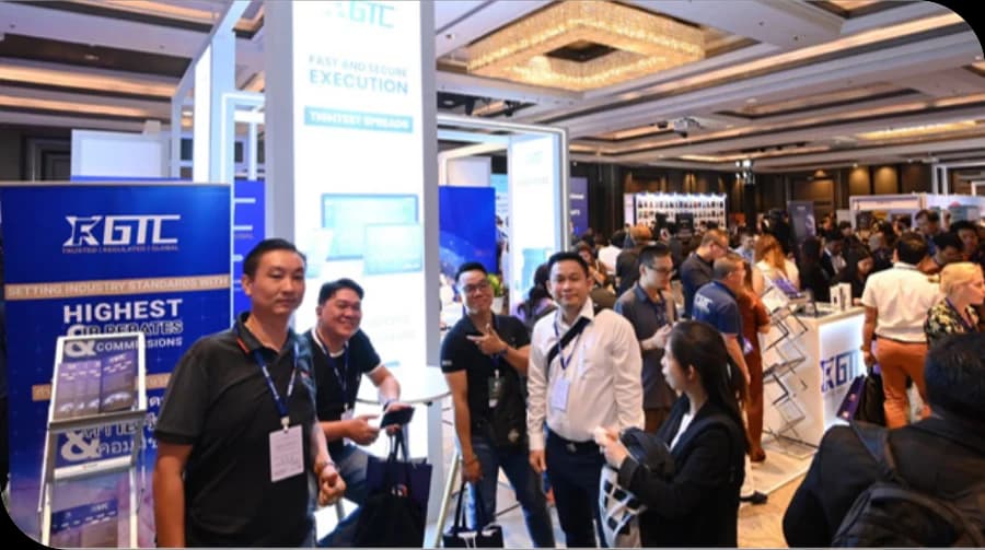 GTC exhibition booth at a crowded global financial expo