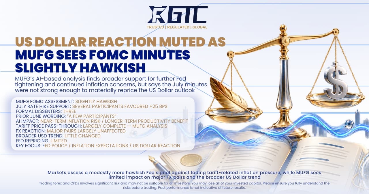 US DOLLAR REACTION MUTED AS MUFG SEES FOMC MINUTES SLIGHTLY HAWKISH